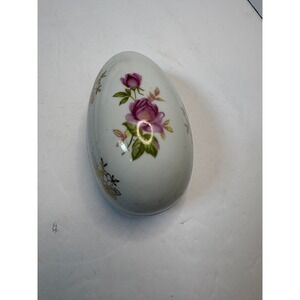 Lefton China Hand Painted Porcelain Egg Trinket Box Pink Roses Gold 2209 Vintage